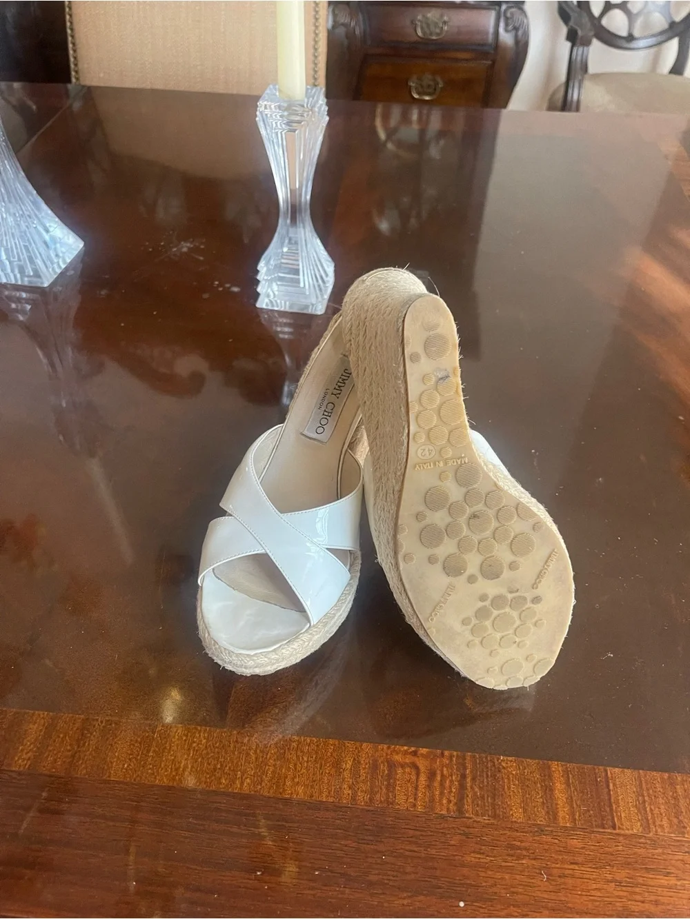 Jimmy Choo White Patent Leather Crisscross Espadrille Wedge Sandals